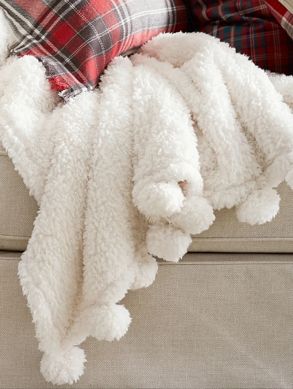 Pottery Barn Cream Sherpa Throw Blanket with Pom Pom Trim